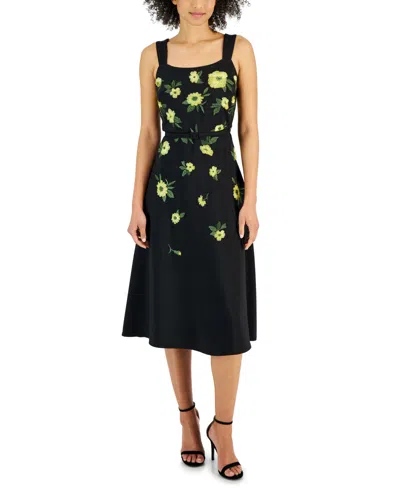 Anne Klein Women's Floral-embroidered Belted Midi Dress In Anne Blk,l