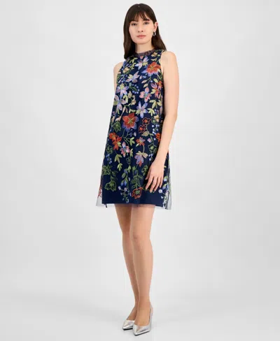 Anne Klein Women's Floral-embroidered Tulle Shift Dress In Distant Mountain Multi
