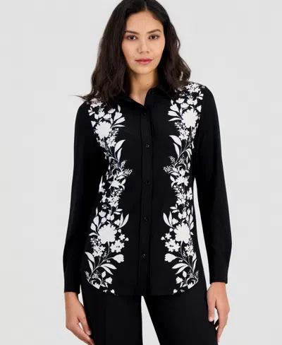 Anne Klein Women's Floral Long-sleeve Button-down Shirt In Black