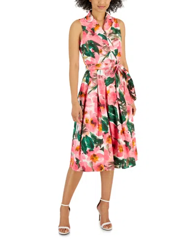 Anne Klein Women's Floral Poplin Sleeveless Wrap Dress In Camellia Multi