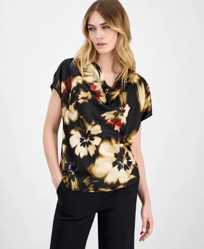 Anne Klein Women's Floral-print Cowlneck Short-sleeve Blouse