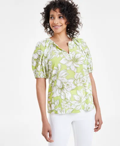 Anne Klein Women's Floral-print Puff-sleeve Blouse In Sprout,bright White