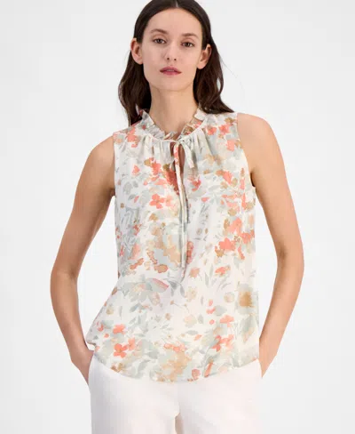 Anne Klein Women's Floral-print Ruffle-collar Blouse In White Dove Multi