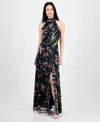 Anne Klein Printed Mesh Asymmetrical Ruffle Hem Maxi Dress In Distant Mountain Multi