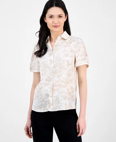 Anne Klein Women's Floral-print Short-sleeve Collared Blouse In White Dove,coffee Cream