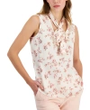 Anne Klein Women's Floral-print Sleeveless Tie-neck Blouse In Anne White,cherry Blossom