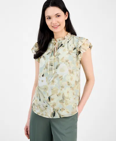 Anne Klein Women's Abstract-print Split-neck Flutter-sleeve Top In Soft Aloe Multi