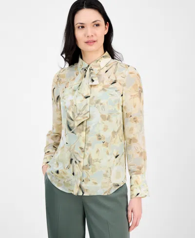 Anne Klein Women's Floral-print Tie-neck Blouse In Soft Aloe Multi