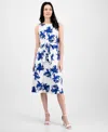Anne Klein Plus Size Floral-print Linen-blend Fit & Flare Dress In Santorini Blue Multi
