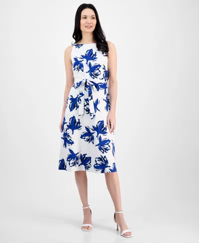 ANNE KLEIN WOMEN'S FLORAL-PRINT TIE-WAIST SLEEVELESS DRESS
