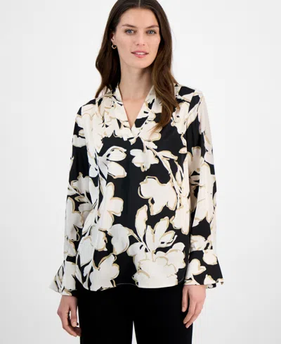 Anne Klein Women's Floral-print V-neck Cuffed Blouse In Anne Black Multi