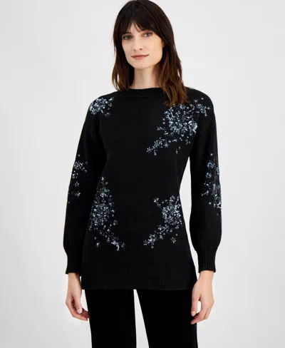 Anne Klein Floral Sequin Crewneck Tunic Sweater In Anne Black
