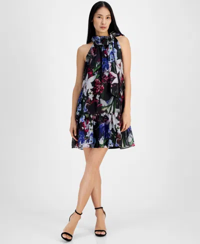 Anne Klein Women's Floral Side-bow Halter Dress In Black