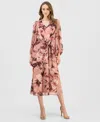 Anne Klein Women's Floral V-neck Belted Midi Dress In Pink
