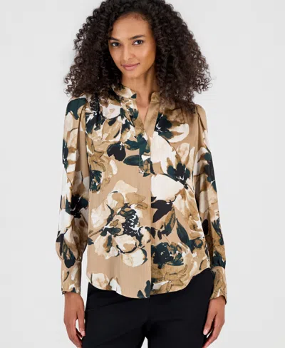 Anne Klein Women's Floral-print Satin Pleat-front Blouse In Multi