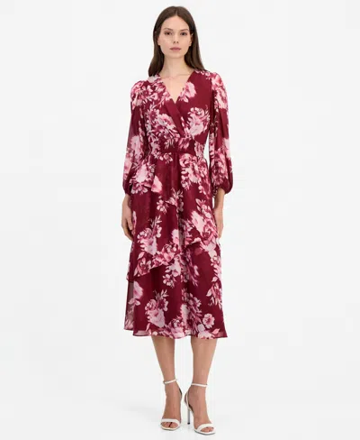 Anne Klein Women's Floral-print Tiered Long-sleeve Midi Dress In Burgundy