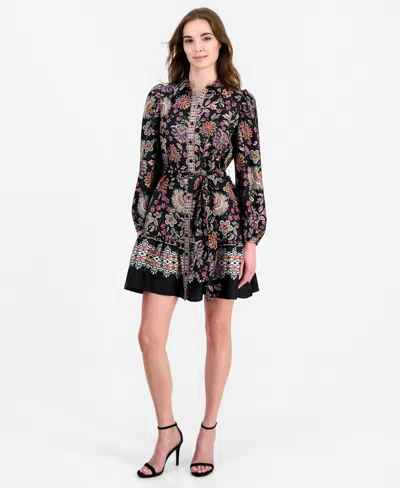 Anne Klein Women's Floral-print Tiered Long-sleeve Shirt Dress In Multi