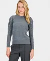 Anne Klein Women's Flower-trim Long-sleeve Sweater In Gray