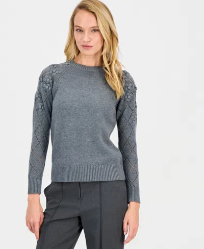 Anne Klein Women's Flower-trim Long-sleeve Sweater In Gray