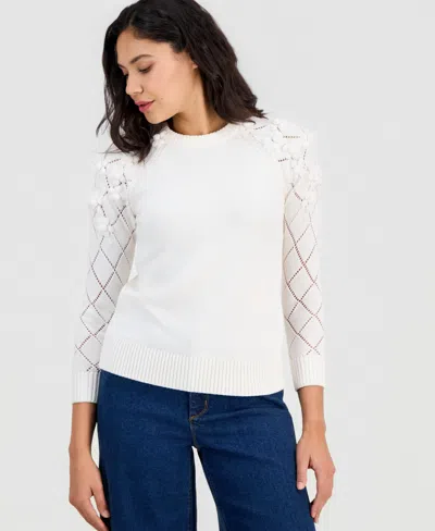 Anne Klein Women's Flower-trim Long-sleeve Sweater In White