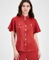 Anne Klein High Neck Short Sleeve Button-up Shirt In Red
