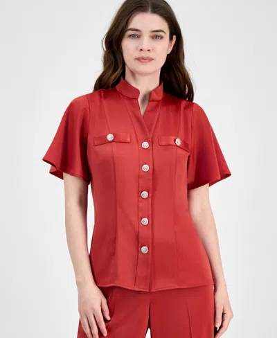 ANNE KLEIN WOMEN'S FLUTTER-SLEEVE BUTTON-FRONT BLOUSE