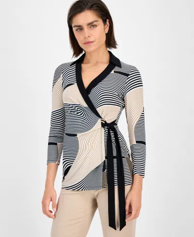 Anne Klein Women's Geo-print 3/4-sleeve Wrap Top In Gray