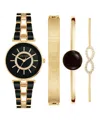 Anne Klein Women's Gold-tone Alloy Bracelet With Black Enamel And Crystal Accents Fashion Watch 34mm Set 4 Piec In Gold-tone,black