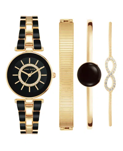 Anne Klein Women's Gold-tone Alloy Bracelet With Black Enamel And Crystal Accents Fashion Watch 34mm Set 4 Piec In Gold-tone,black