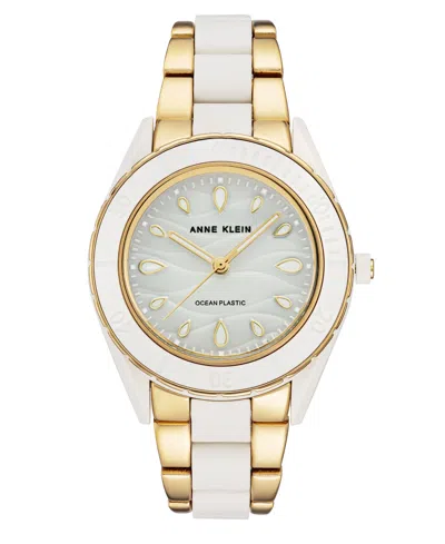Anne Klein Women's Gold-tone And White Solar Ocean Work Plastic Bracelet Watch, 38.5mm In Two-tone