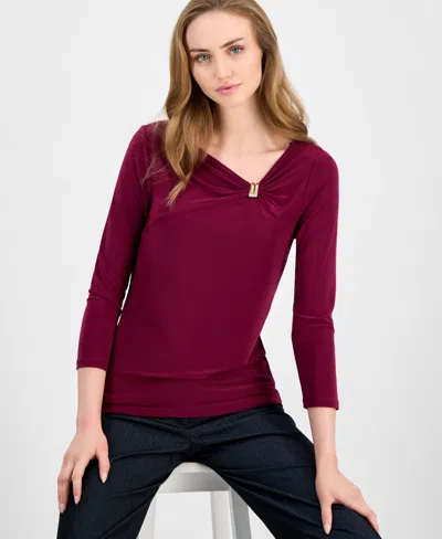 Anne Klein Women's Hardware-trim 3/4-sleeve Top In Burgundy