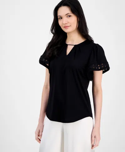 Anne Klein Women's Harmony Keyhole-neck Flutter-sleeve Top In Anne Black