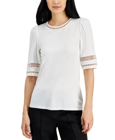 Anne Klein Women's Harmony Lace-inset Elbow-sleeve Top In Bright Whi