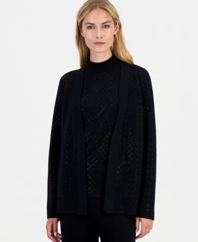 Anne Klein Womens Diamond Heatset 3 Piece Cardigan Wide Leg Suit In Black
