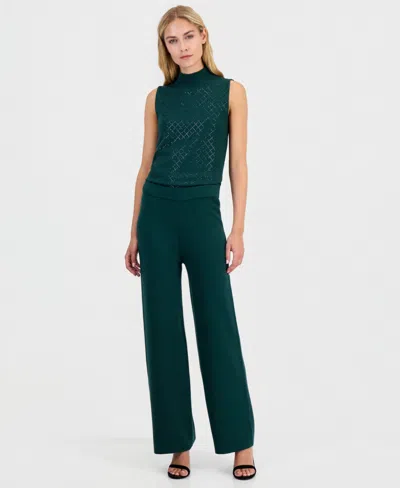 Anne Klein Women's Heatset Sweater Wide-leg Pull-on Knit Pants In Green
