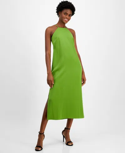 anne klein green dress Women's High-neck Sleeveless Side-slit In Leafy Midi dresses