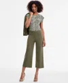 Anne Klein Womens Pull On Cropped Pants Printed Cap Sleeve Blouse 3 4 Sleeve Open Front Jacket In Green