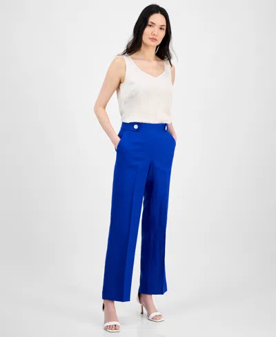 Anne Klein Women's Linen Blend High Rise Side-tab Pull-on Pants In Santorini Blue