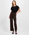Anne Klein Houndstooth High Waist Pull-on Wide Leg Pants In Brown