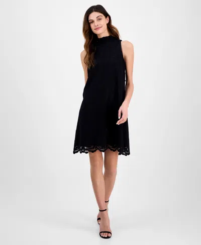 Anne Klein Women's High-ruffle-neck Sleeveless Lace Dress In Anne Black