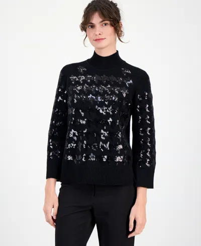 Anne Klein Women's Houndstooth Sequin Mock-neck Sweater In Black