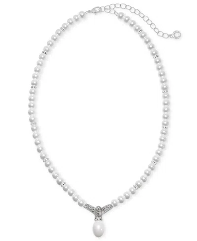 Anne Klein Women's Imitation Pearl And Glass Crystal Silver-tone Pendant Necklace