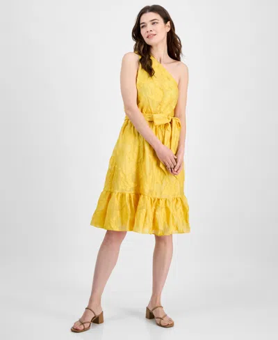 ANNE KLEIN WOMEN'S JACQUARD ONE-SHOULDER BELTED DRESS