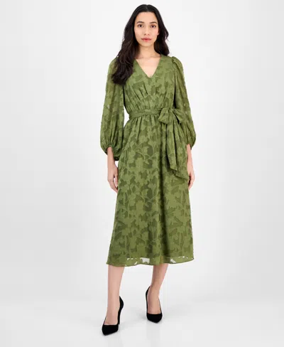 Anne Klein Women's Jacquard V-neck 3/4-sleeve Midi Dress In Green