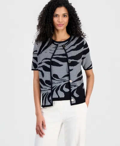 Anne Klein Women's Jacquard-knit Short-sleeve Cardigan Sweater In Gray