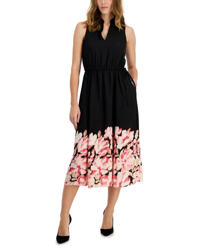 Anne Klein Women's Jenna Floral-hem Drawstring-waist Midi Dress In Anne Black,camellia Multi