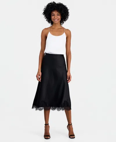 Anne Klein Women's Lace-trim Midi Satin Skirt In Black