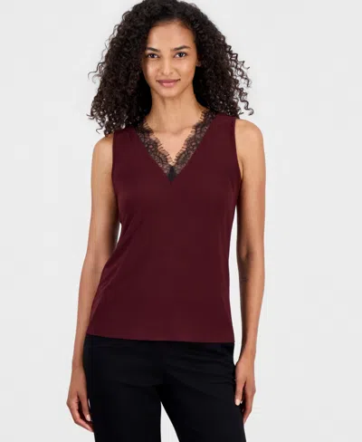 Anne Klein Women's Lace-trim-v-neck Tank Top In Red