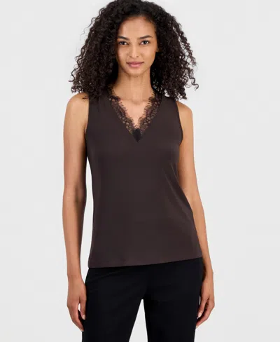 Anne Klein Women's Lace-trim-v-neck Tank Top In Brown