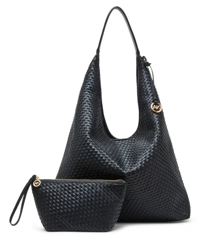 Anne Klein Women's Large Woven Hobo With Pouch Handbag In Black